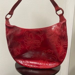 Sondra Roberts Red Leather Perforated Hobo Bag with Floral Design
